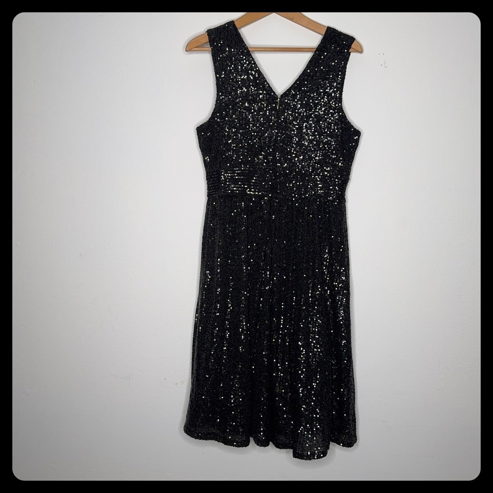 Draper James RSVP Black Sequin V-Neck Fit and Flare Cocktail Dress Womens 10